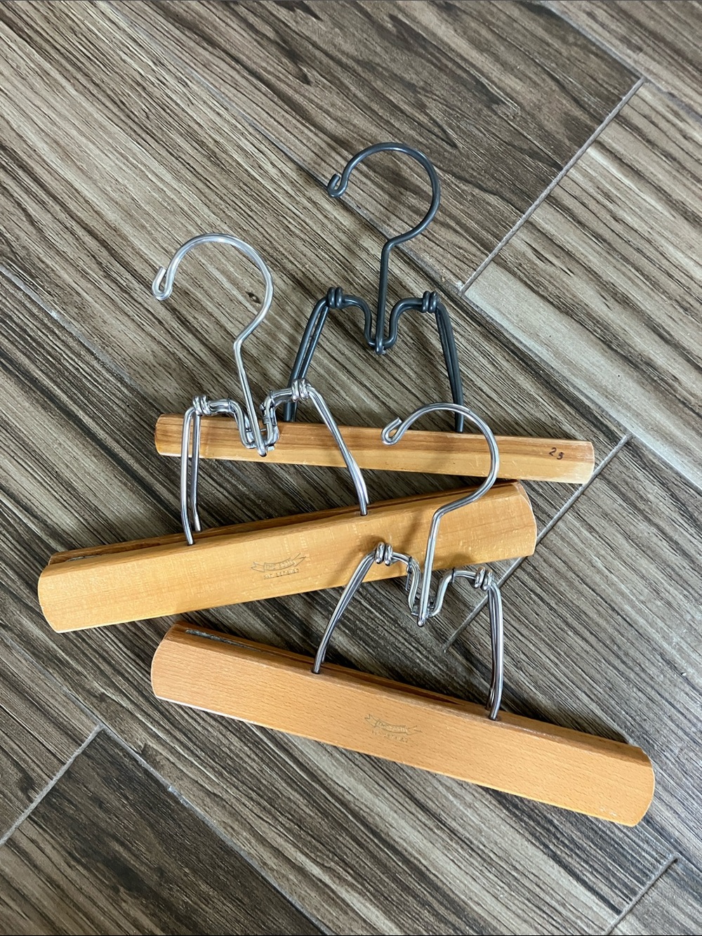 Three Vintage “The Scot” Wooden Clip Hangers in  Natural Wood